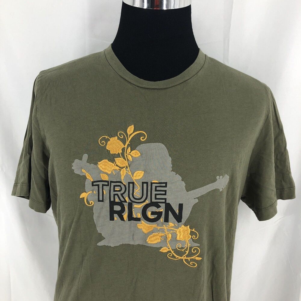 True Religion Olive Buddha Guitar Embroidered Gold Floral Vines T Shirt XL